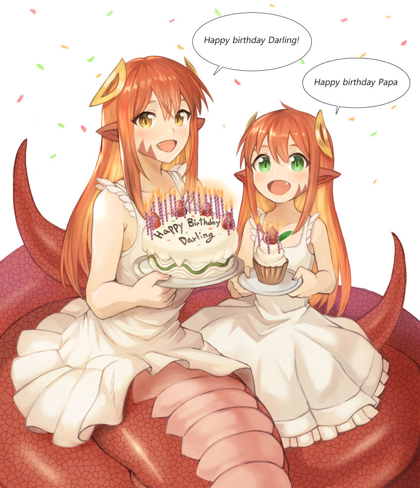 2girls :d absurdres bangs bare_shoulders birthday birthday_cake cake candle collarbone commission confetti cupcake dish dress english_text eyelashes fang food green_eyes hair_between_eyes hair_ornament hairclip happy highres holding lamia long_hair looking_at_viewer miia_(monster_musume) monster_girl monster_musume_no_iru_nichijou mother_and_daughter multiple_girls open_mouth original plate pointy_ears pov red_hair scales sidelocks simple_background sleeveless slit_pupils smile sookmo speech_bubble tail text_focus white_background white_dress yellow_eyes