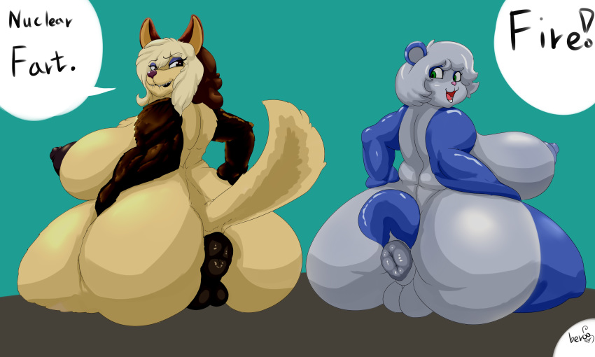 absurd_res anthro anubian_jackal anus ber00 big_breasts big_butt bodily_fluids breasts bubble_gum butt canid canine canis dripdry female giant_panda hair hi_res jackal mammal nipples nude pussy slightly_chubby solo sweat ursid wide_hips