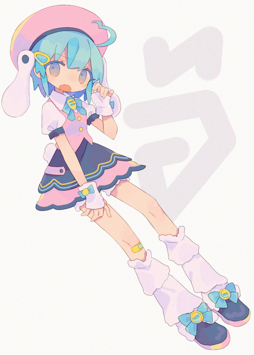 1girl :o absurdres ahoge animal_ears aqua_hair bandaid bangs beret black_footwear blue_bow blue_eyes blue_neckwear blue_ribbon bow bunny_ears bunny_tail carrot claw_pose collared_shirt daizu_(melon-lemon) eyebrows_visible_through_hair fang fingerless_gloves full_body glove_bow gloves gradient_eyes grey_background hair_ornament hairpin hand_up hat highres invisible_chair layered_skirt looking_at_viewer loose_socks multicolored multicolored_eyes muted_color neck_ribbon no_nose open_mouth original pink_headwear pink_vest puffy_short_sleeves puffy_sleeves ribbon shirt shoe_ribbon shoes short_hair short_sleeves simple_background sitting skin_fang skirt socks solo tail v-shaped_eyebrows vest white_gloves white_legwear white_shirt