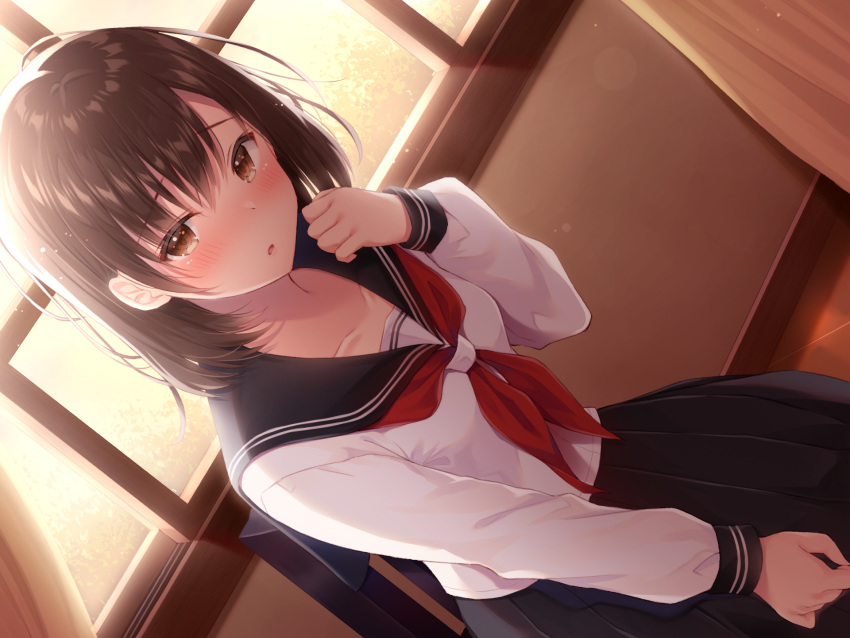 blush brown_eyes brown_hair noda_shuha original school_uniform short_hair skirt