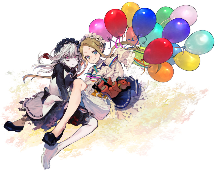2girls abigail_williams_(fate/grand_order) bags_under_eyes balloon bangs black_bloomers black_dress black_footwear black_shirt blonde_hair bloomers blue_eyes blush bow braid butterfly_hair_ornament closed_mouth commentary_request dress fate/grand_order fate_(series) hair_bow hair_ornament heroic_spirit_festival_outfit horn lavinia_whateley_(fate/grand_order) long_hair long_sleeves looking_at_viewer matching_outfit multiple_girls nozaki_tsubata parted_bangs red_bow shirt shoes sidelocks sleeveless sleeveless_dress sleeves_past_fingers sleeves_past_wrists smile stuffed_animal stuffed_toy teddy_bear underwear very_long_hair white_bloomers white_dress white_footwear white_hair white_shirt
