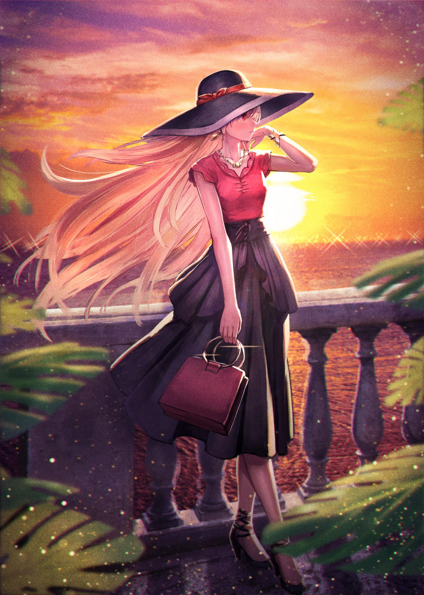 1girl bag bangs black_footwear black_headwear black_skirt blonde_hair blouse blurry_foreground blush bracelet breasts cloud collarbone earrings ereshkigal_(fate/grand_order) fate/grand_order fate_(series) floating_hair gold hand_up hat hat_ribbon high_heels highres holding holding_bag infinity jewelry kuroi_susumu light_particles long_hair looking_afar multicolored multicolored_sky necklace outdoors parted_bangs plant purple_sky railing red_blouse red_eyes ribbon short_sleeves skirt sky solo sun sunset very_long_hair wind yellow_sky