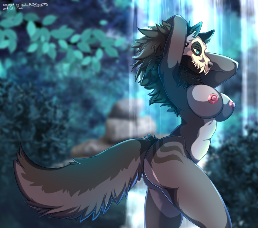 2019 anthro areola blue_eyes breasts canid canine canis detailed_background digital_media_(artwork) esther female mammal mask night nipples nude outside skull solo standing tai_lung_(artist) wolf