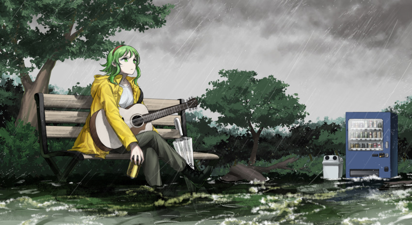 1girl acoustic_guitar bench boots bush can cloud cloudy_sky expressionless flood green_eyes green_hair grey_sky guitar gumi hbsprout highres holding holding_can instrument looking_up outdoors pants park rain raincoat shirt short_hair short_hair_with_long_locks sidelocks sitting sitting_on_bench sky sol transparent transparent_umbrella trash_can tree umbrella vending_machine vocaloid white_shirt wide_shot yellow_coat