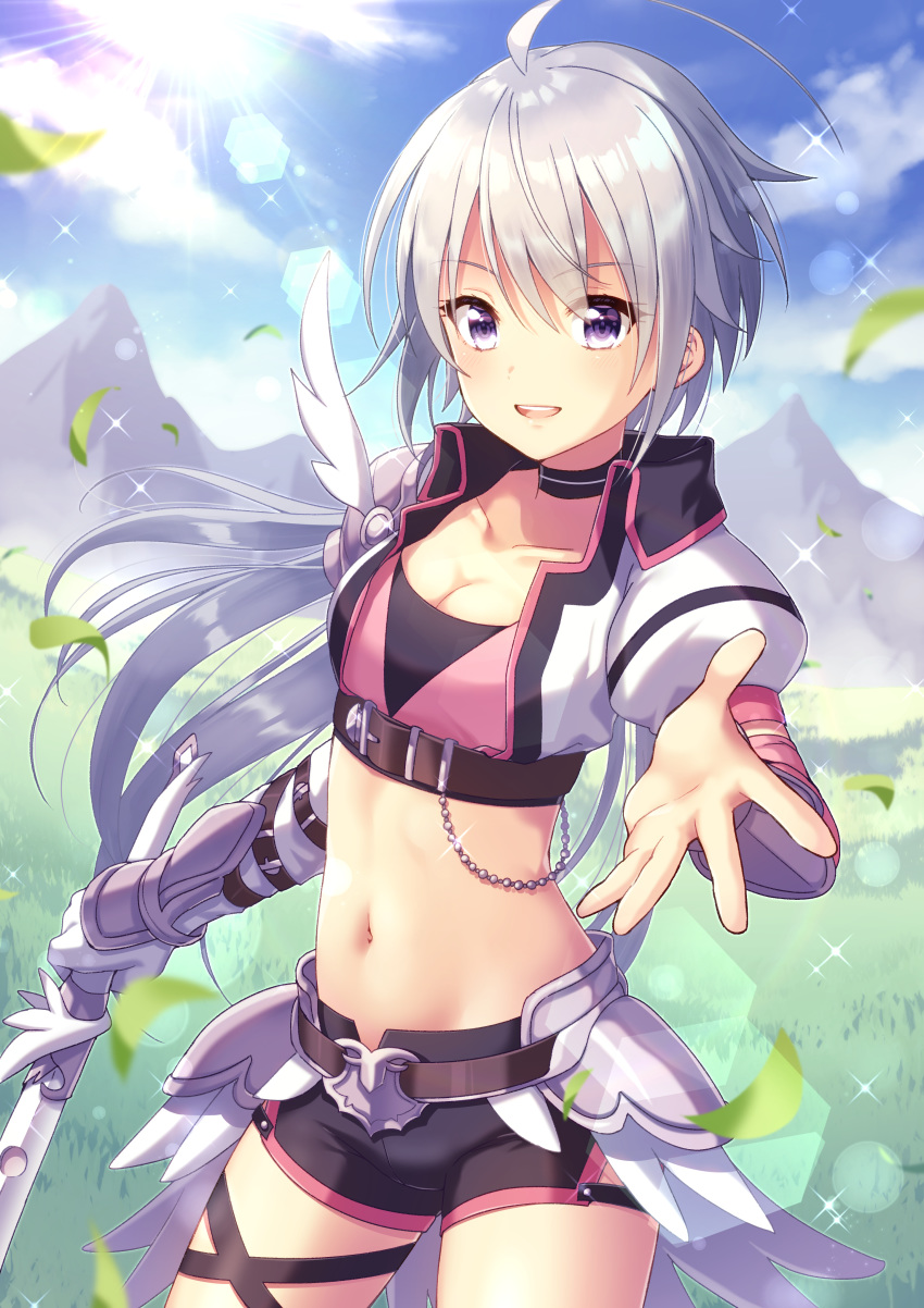 1girl :d absurdres ahoge belt black_shorts blue_sky breasts choker cleavage cloud collarbone commentary_request cowboy_shot crop_top cropped_jacket day faulds floating_hair gauntlets gloves highres holding holding_sword holding_weapon ichiren_namiro jacket leaf lens_flare light_rays long_hair looking_at_viewer midriff mikuma_tomo navel open_clothes open_jacket open_mouth outdoors princess_connect! princess_connect!_re:dive purple_eyes short_shorts shorts sidelocks silver_hair single_glove sky small_breasts smile solo standing sunbeam sunlight sword weapon white_gloves white_jacket wing_collar