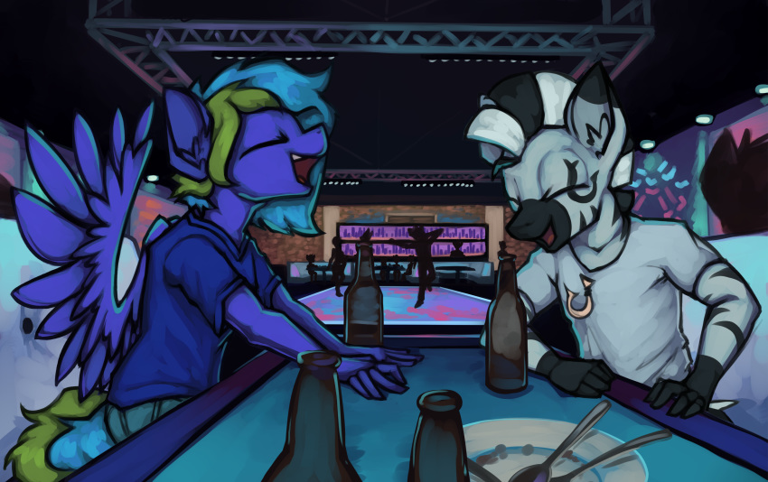 alcohol anthro bar beverage clothed clothing equid equine eyes_closed fan_character hi_res inside kona male mammal marsminer my_little_pony zebra