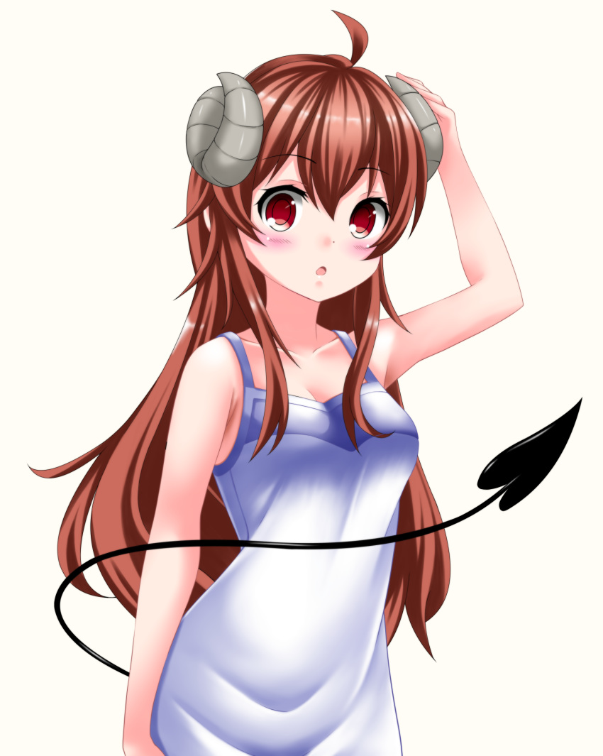 1girl :o ahoge alternate_costume arm_at_side arm_up armpit_crease bare_arms bare_shoulders blush breasts cleavage collarbone commentary_request contrapposto cowboy_shot demon_horns demon_tail dress expressionless eyebrows_visible_through_hair hair_between_eyes hand_on_horn highres horns kaze_makase long_hair looking_at_viewer machikado_mazoku medium_breasts red_eyes red_hair simple_background sleeveless sleeveless_dress solo tail very_long_hair white_background yoshida_yuuko_(machikado_mazoku)