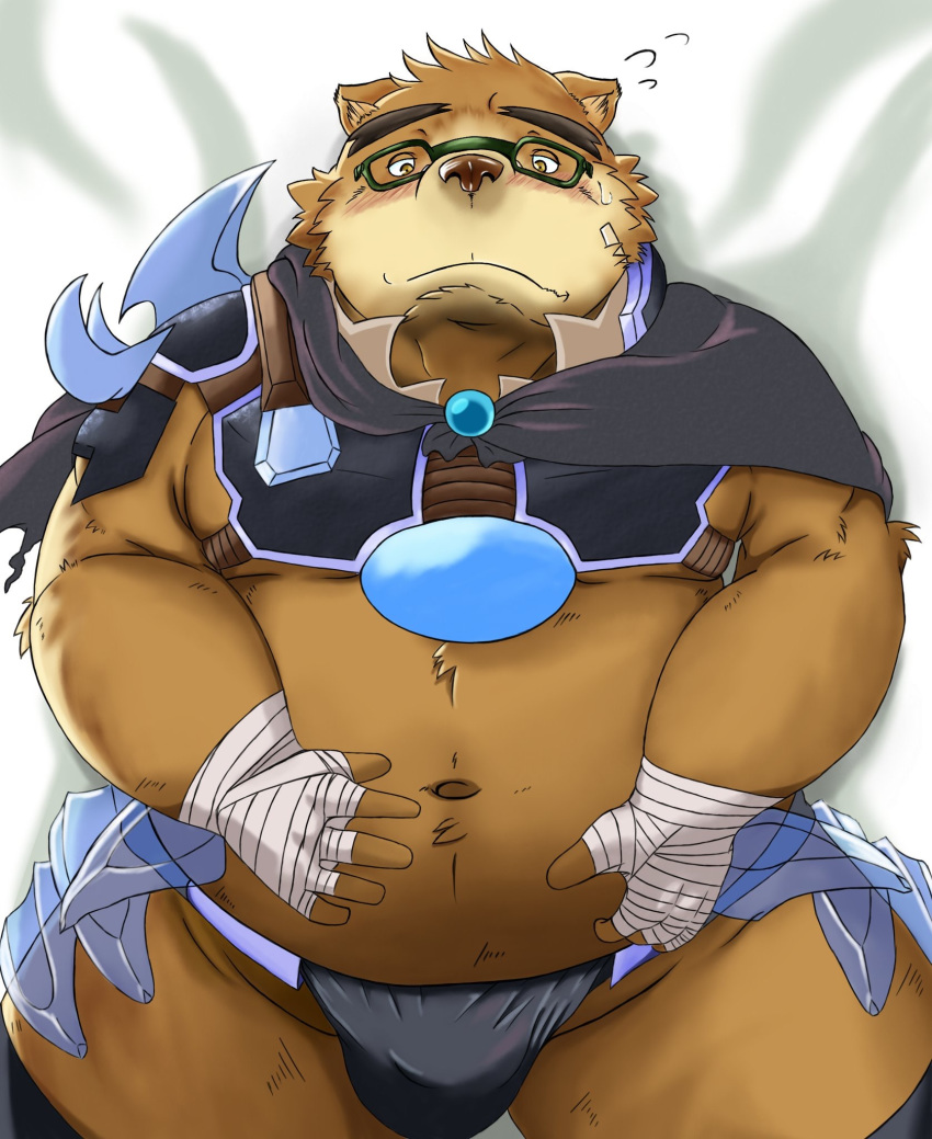 2019 anthro belly blush brown_bear brown_fur bulge clothing eyewear fundoshi fur glasses grizzly_bear hi_res humanoid_hands japanese_clothing lying male mammal navel overweight overweight_male siroihigenokoi solo tokyo_afterschool_summoners underwear ursid ursine video_games volos