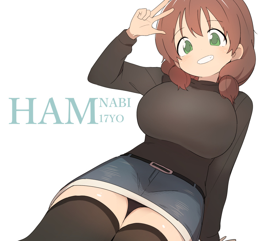 1girl belt black_legwear black_panties black_sweater blush breasts brown_hair bural_chingu character_age character_name denim denim_skirt green_eyes hair_between_eyes ham_na-bi highres huge_breasts long_hair looking_at_viewer luke_(dydansgur) miniskirt open_mouth panties pantyshot short_twintails simple_background skirt smile solo sweater thighhighs twintails underwear white_background