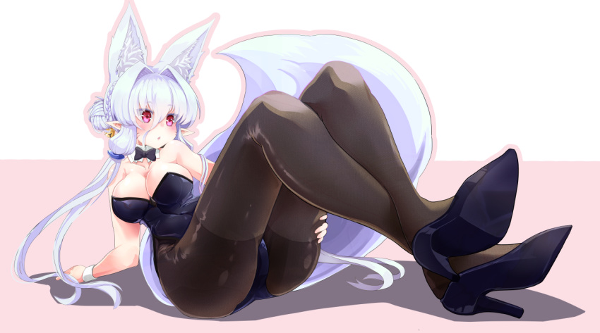 1girl amino_dopple animal_ear_fluff animal_ears arm_support black_legwear blush bow bowtie breasts cleavage crossed_ankles detached_collar extra_ears facial_mark fox_ears fox_tail hair_bun hair_intakes large_breasts legs long_hair original pantyhose pink_eyes pointy_ears reclining sidelocks silver_hair simple_background solo tail