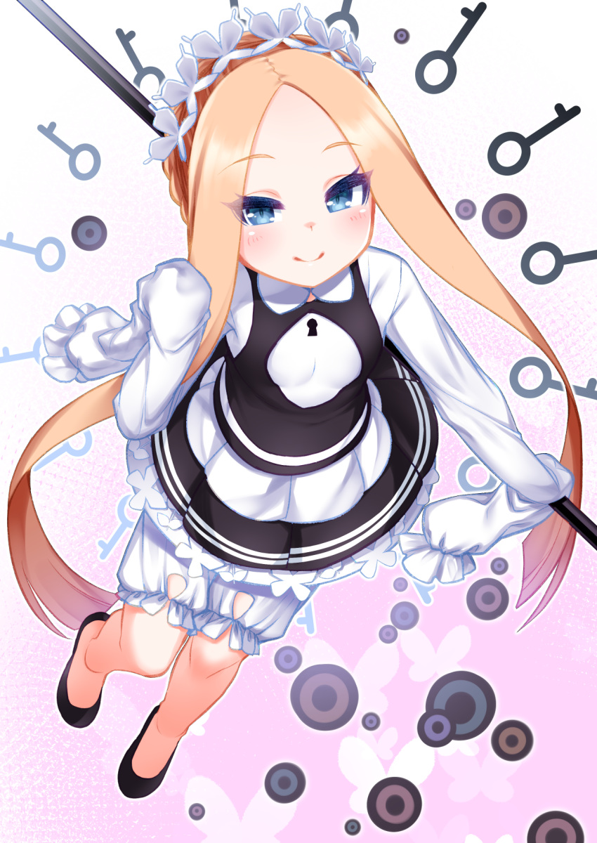 1girl abigail_williams_(fate/grand_order) bangs black_footwear black_skirt blonde_hair blue_eyes blush braid breasts closed_mouth dress fate/grand_order fate_(series) forehead french_braid gradient gradient_background heroic_spirit_festival_outfit highres key keyhole kirisame_mia long_hair long_sleeves looking_at_viewer maid_headdress parted_bangs skirt sleeves_past_fingers sleeves_past_wrists smile solo staff very_long_hair white_bloomers white_dress