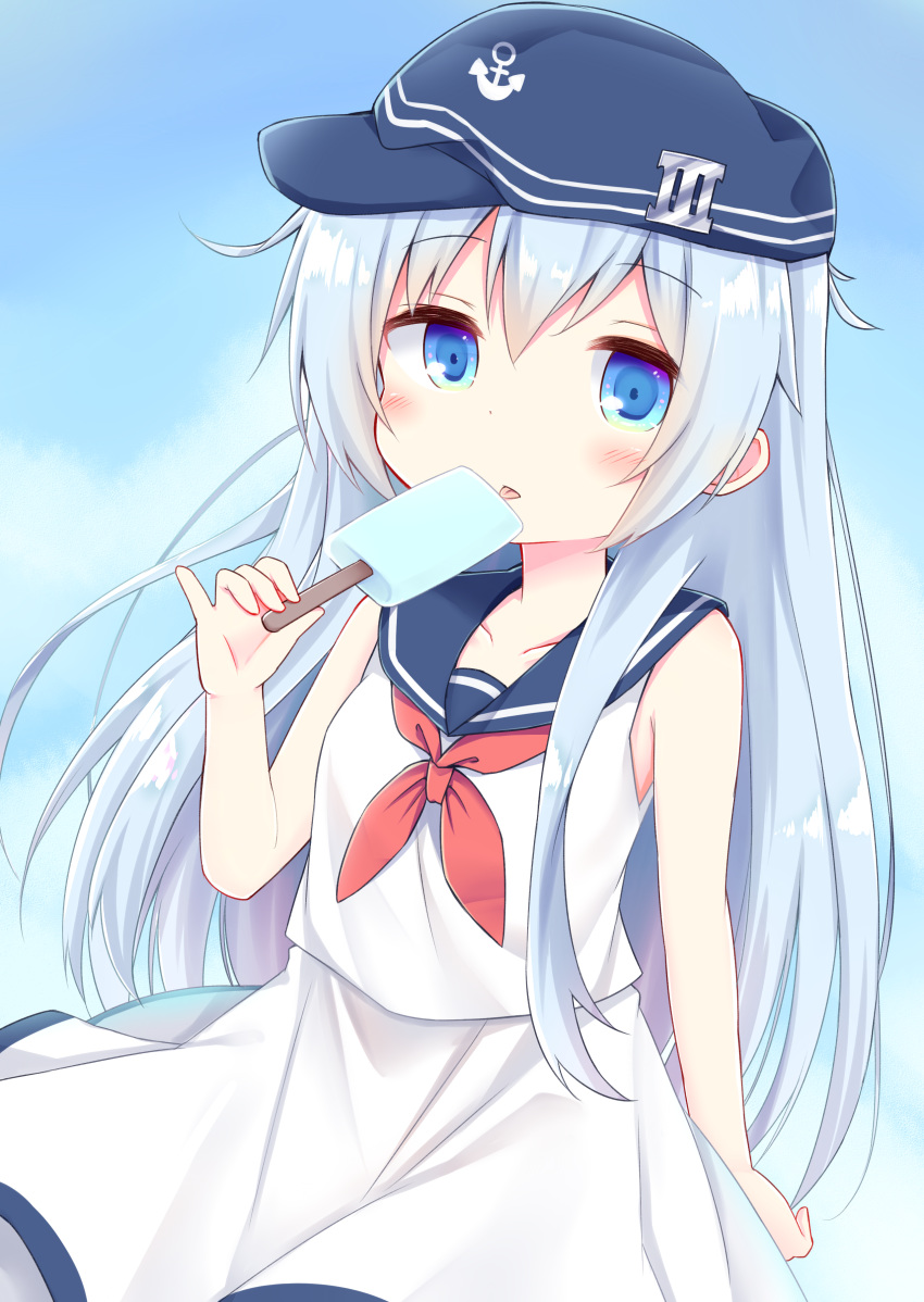 1girl absurdres anchor_symbol bangs blue_eyes blue_hair blue_headwear blue_sailor_collar blue_sky blush closed_mouth cloud commentary_request day esureki eyebrows_visible_through_hair flat_cap food hair_between_eyes hand_up hat hibiki_(kantai_collection) highres holding holding_food kantai_collection long_hair neckerchief outdoors popsicle red_neckwear sailor_collar shirt skirt sky sleeveless sleeveless_shirt solo tongue tongue_out very_long_hair white_shirt white_skirt