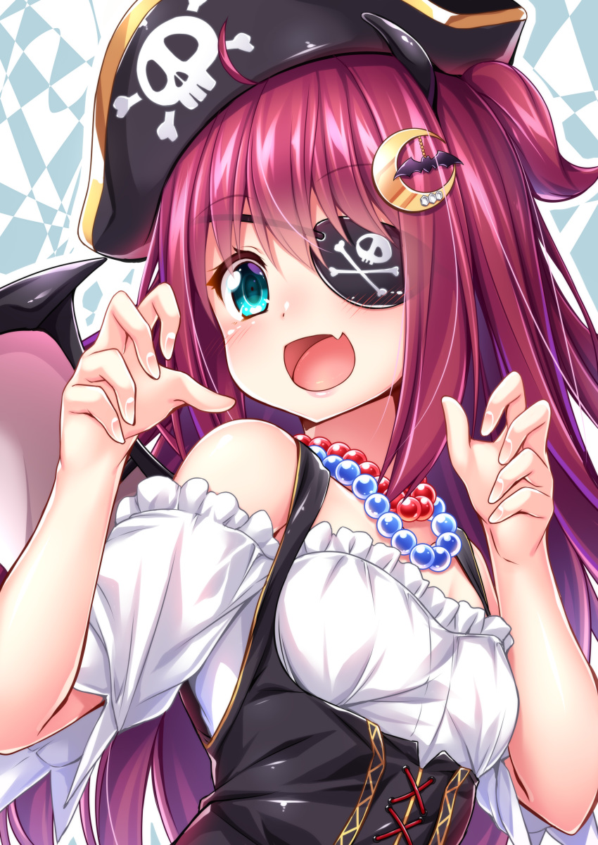 1girl :d absurdres bare_shoulders bat_hair_ornament bat_wings bead_necklace beads black_wings blue_eyes blush breasts commentary_request crescent crescent_hair_ornament eyepatch fang fingernails frilled_shirt frills hair_ornament hands_up hat highres jewelry long_hair necklace nijisanji off-shoulder_shirt off_shoulder open_mouth pirate pirate_hat red_hair shirt short_sleeves skull_and_crossbones small_breasts smile solo underbust very_long_hair virtual_youtuber wakagi_repa white_shirt wings yuzuki_roa