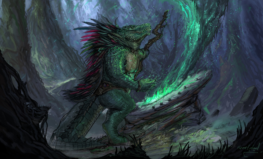 2019 5_fingers anthro crocodile crocodilian crocodylid day detailed_background digital_media_(artwork) druid fingers forest grass green_scales hi_res magic_user male moss outside reptile scales scalie solo teeth themefinland tree tribal_spellcaster