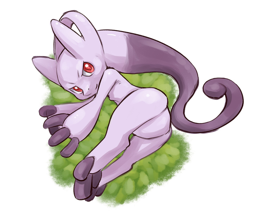 2013 ambiguous_gender kemono legendary_pok&eacute;mon looking_at_viewer lying mega_evolution mega_mewtwo mega_mewtwo_y miyatam nintendo pok&eacute;mon pok&eacute;mon_(species) red_eyes simple_background solo video_games