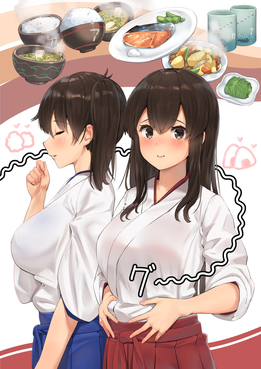 2girls akagi_(kantai_collection) black_hair blue_hakama blush bowl brown_eyes chopsticks closed_eyes commentary_request food glass hakama hakama_skirt hand_to_own_mouth hands_on_own_stomach highres hungry imagining japanese_clothes kaga_(kantai_collection) kantai_collection long_hair multiple_girls red_hakama rice rice_bowl salmon side_ponytail simple_background soushou_nin spoken_food stomach_growling straight_hair thought_bubble upper_body white_background