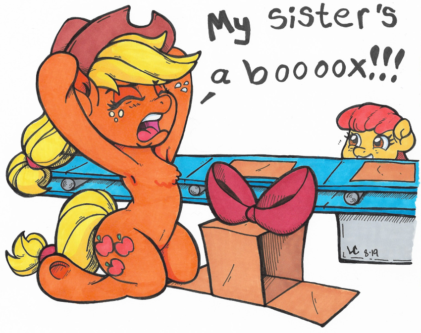 2019 accessory apple_bloom_(mlp) applejack_(mlp) box clothing cowboy_hat duo earth_pony english_text equid equine female feral friendship_is_magic hair hair_accessory hair_bow hair_ribbon hat headgear headwear hi_res horse latecustomer mammal my_little_pony pony ribbons sibling simple_background sister sisters text trolling white_background