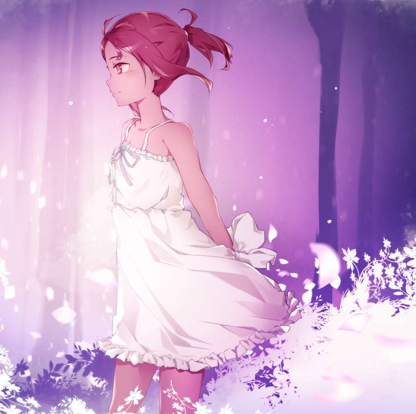 1girl absurdres blush closed_mouth dress from_side highres looking_to_the_side night_sky_sword petals pink_eyes plant ponytail profile red_hair short_ponytail smile solo standing sundress white_dress wind yuuki_yuuna yuuki_yuuna_wa_yuusha_de_aru yuusha_de_aru