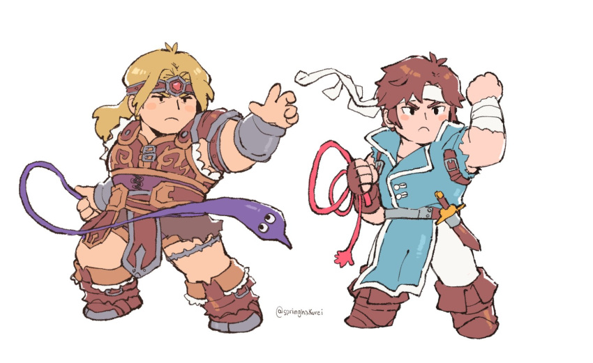 2boys akiyoku armor belt blonde_hair blue_eyes brown_hair cape castlevania castlevania:_rondo_of_blood chibi gloves headband highres long_hair looking_at_viewer male_focus multiple_boys muscle richter_belmondo short_hair simon_belmondo simple_background super_smash_bros. weapon whip