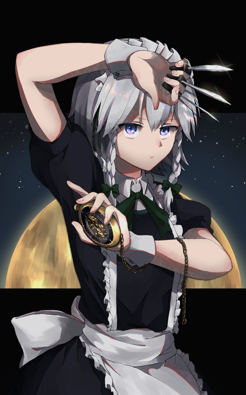 1girl apron arm_up bangs black_background black_dress blue_eyes bow braid chain commentary_request cowboy_shot dress eyebrows_visible_through_hair frilled_apron frills full_moon green_bow green_neckwear green_ribbon hair_between_eyes hair_bow highres holding holding_knife holding_weapon izayoi_sakuya knife knives_between_fingers looking_at_viewer maid maid_apron maid_headdress moon neck_ribbon night night_sky pocket_watch puffy_short_sleeves puffy_sleeves ribbon short_hair short_sleeves silver_hair sky solo star_(sky) starry_sky tayutai_(user_xruy3332) touhou twin_braids two-tone_background waist_apron watch weapon white_apron wrist_cuffs