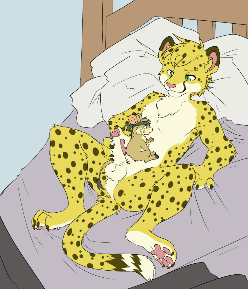 anthro balls bandanna bed bodily_fluids buckteeth cheetah chest_tuft claws cum cum_on_face cum_on_hand duo erection felid feline foreskin fur genital_fluids green_eyes hi_res jazzy_(desertmouse) lying male male/male mammal masturbation mouse murid murine nude on_back pawpads penile penile_masturbation penis perineum pillow pubes rodent salmy semi-anthro sex size_difference smile spreading teeth thatwildmary tuft