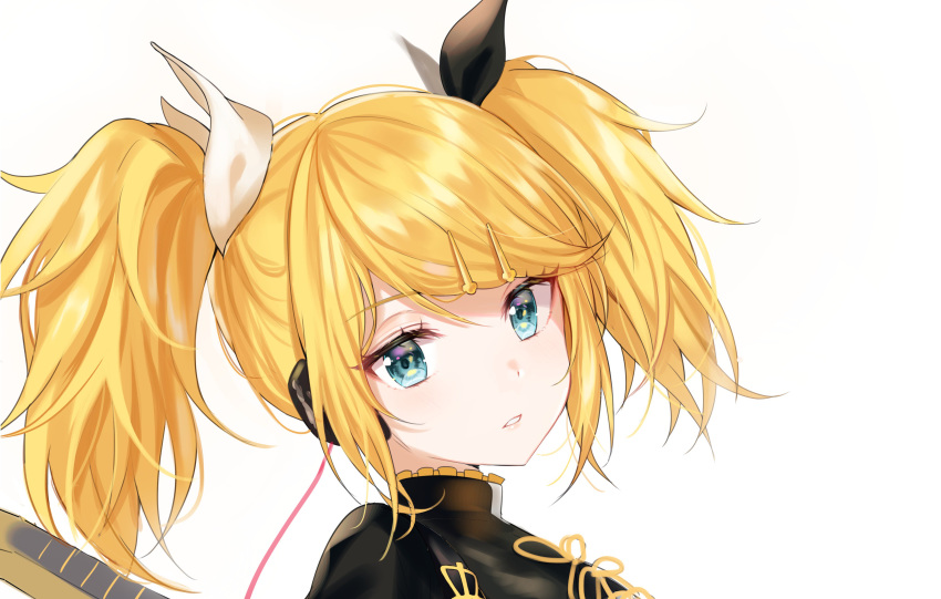 1girl absurdres bangs black_ribbon black_shirt blonde_hair blue_eyes commentary_request copyright_request hair_ornament hairclip headphones highres looking_at_viewer parted_lips ribbon shirt sidelocks simple_background solo tokkyu_(user_mwwe3558) twintails white_background white_ribbon yellow_ribbon