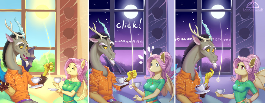 2018 anthro anthrofied bat_wings comic cup dialogue discord_(mlp) draconequus duo english_text equid equine fangs female flutterbat_(mlp) fluttershy_(mlp) friendship_is_magic full_moon hi_res ladychimaera male mammal membrane_(anatomy) membranous_wings moon my_little_pony pterippus red_eyes sun tea_cup text wings
