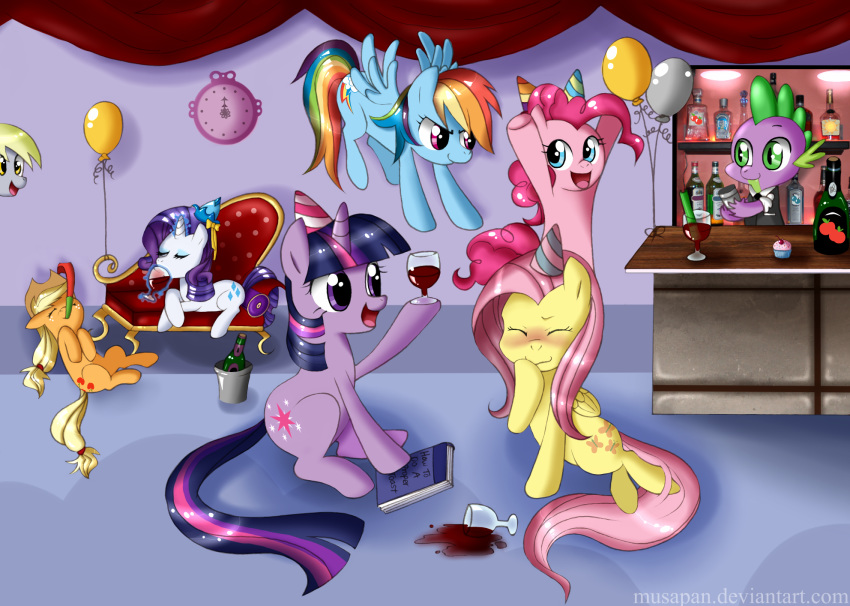 alcohol apple_cider applejack_(mlp) balloon bar beverage blonde_hair blue_eyes blush book clock clothing cowboy_hat crossed_legs cutie_mark derpy_hooves_(mlp) dragon drinking earth_pony equid equine eyes_closed fluttershy_(mlp) flying freckles friendship_is_magic green_eyes group hair hat headgear headwear hi_res horn horse levitation lying magic mammal multicolored_hair musapan my_little_pony on_back open_mouth open_smile pink_hair pinkie_pie_(mlp) pony pterippus purple_eyes purple_hair rainbow_dash_(mlp) rainbow_hair rarity_(mlp) red_eyes smile sofa spike_(mlp) twilight_sparkle_(mlp) unicorn wings
