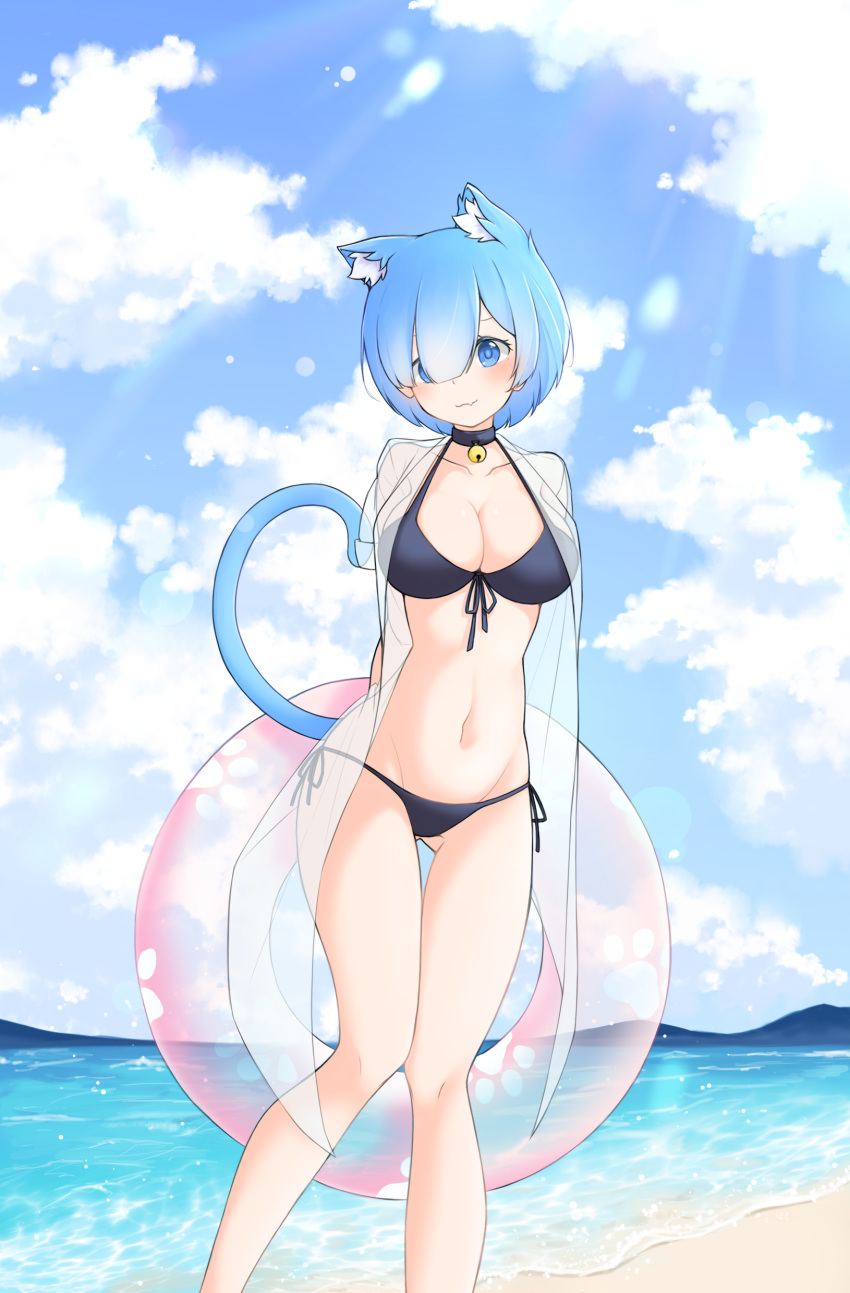 1girl absurdres animal_ears bare_shoulders beach bell bell_collar bikini black_bikini blue_eyes blue_hair blush breasts cat_ears cat_tail cleavage collar commentary_request day fang hair_over_one_eye highres holding holding_innertube innertube large_breasts looking_at_viewer navel outdoors re:zero_kara_hajimeru_isekai_seikatsu rem_(re:zero) short_hair skin_fang smile solo swimsuit tail transparent_jacket twin_tail water