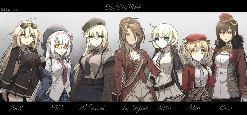 6+girls absurdres ahoge american_flag american_flag_print ascot aviator_sunglasses bangs beret black_jacket black_neckwear black_skirt blonde_hair blue_eyes blue_jacket blue_skirt braid breasts bren_(girls_frontline) brown_hair brown_jacket brown_pants brown_shirt character_name collared_shirt commentary d-day danielle_brindle dress_shirt english_commentary eyebrows_visible_through_hair eyewear_on_head flag_print garrison_cap girls_frontline glasses gloves green_eyes green_neckwear grey_skirt hair_between_eyes hair_flaps hair_over_one_eye hairband hand_on_hip hat highres jacket lee-enfield_(girls_frontline) long_hair long_sleeves looking_at_viewer looking_away looking_to_the_side m1911_(girls_frontline) m1918_bar_(girls_frontline) m1_garand_(girls_frontline) m1a1_(girls_frontline) medium_breasts military military_uniform multiple_girls necktie off_shoulder open_clothes open_jacket orange_eyes pants plaid plaid_neckwear plaid_skirt pleated_skirt print_neckwear red_headwear sash scowl shirt skirt sten_mk2_(girls_frontline) sunglasses suspender_skirt suspenders twintails twitter_username uniform v-shaped_eyebrows white_gloves white_neckwear white_shirt white_skirt world_war_ii yellow_eyes