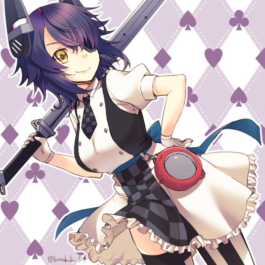 1girl adapted_costume breasts checkered checkered_apron checkered_background checkered_neckwear club_(shape) commentary compass contrapposto cosplay cowboy_shot diamond_(shape) dress dutch_angle enemy_lifebuoy_(kantai_collection) eyepatch frilled_dress frills headgear heart highres kantai_collection kotobuki_(momoko_factory) large_breasts looking_at_viewer michishio_(kantai_collection) michishio_(kantai_collection)_(cosplay) necktie purple_hair shinkaisei-kan short_hair solo spade_(shape) standing striped striped_legwear sword tenryuu_(kantai_collection) thighhighs twitter_username two-tone_dress weapon white_dress yellow_eyes