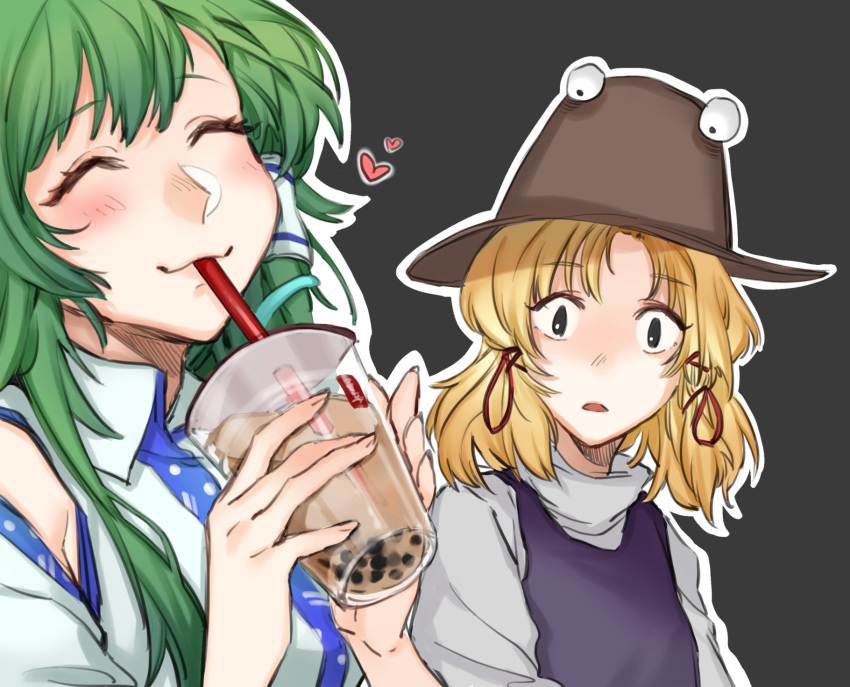 2girls ^_^ bangs bare_shoulders black_background black_eyes blonde_hair blush brown_headwear bubble_tea closed_eyes cup d: detached_sleeves disposable_cup drinking_straw eyebrows_visible_through_hair green_hair hair_ornament hair_ribbon hair_tubes hands_up heart highres holding holding_cup kochiya_sanae long_hair long_sleeves looking_at_viewer moriya_suwako multiple_girls open_mouth outline purple_vest red_ribbon ribbon shidaccc shirt short_hair sidelocks simple_background smile snake_hair_ornament touhou upper_body vest white_outline white_shirt