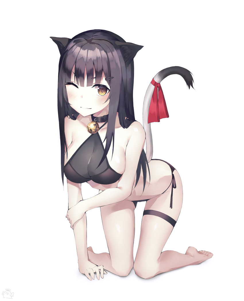 1girl absurdres all_fours animal_ears ass_visible_through_thighs bare_arms bare_legs bare_shoulders barefoot bell bikini black_bikini black_hair breasts brown_eyes cat_ears cat_girl cat_tail cleavage closed_mouth collarbone coller criss-cross_halter full_body hair_ornament hairclip halterneck highres jingle_bell long_hair looking_at_viewer lunati medium_breasts one_eye_closed original red_ribbon ribbon side-tie_bikini simple_background smile solo stomach swimsuit tail tail_raised tail_ribbon thigh_strap thighs v-shaped_eyebrows white_background