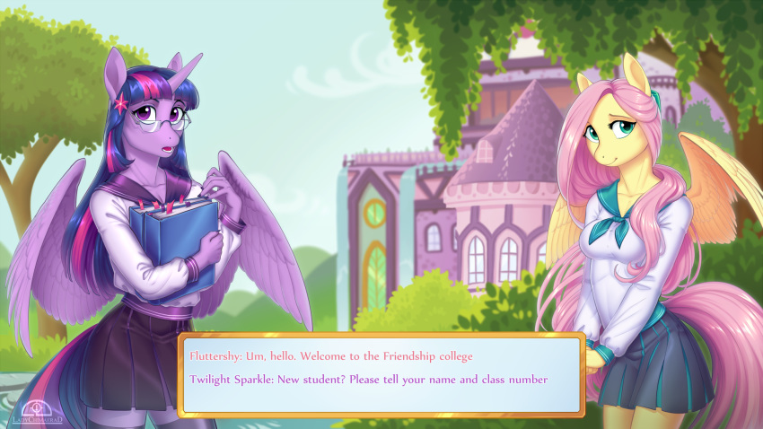 16:9 anthro anthrofied book clothing dialogue duo equid equine eyewear feathered_wings feathers female fluttershy_(mlp) friendship_is_magic glasses green_eyes hair hi_res holding_object horn ladychimaera ladychimaerad legwear looking_at_viewer mammal multicolored_hair my_little_pony open_mouth outside pink_hair pterippus purple_eyes school_uniform smile stockings thigh_highs tree twilight_sparkle_(mlp) uniform winged_unicorn wings
