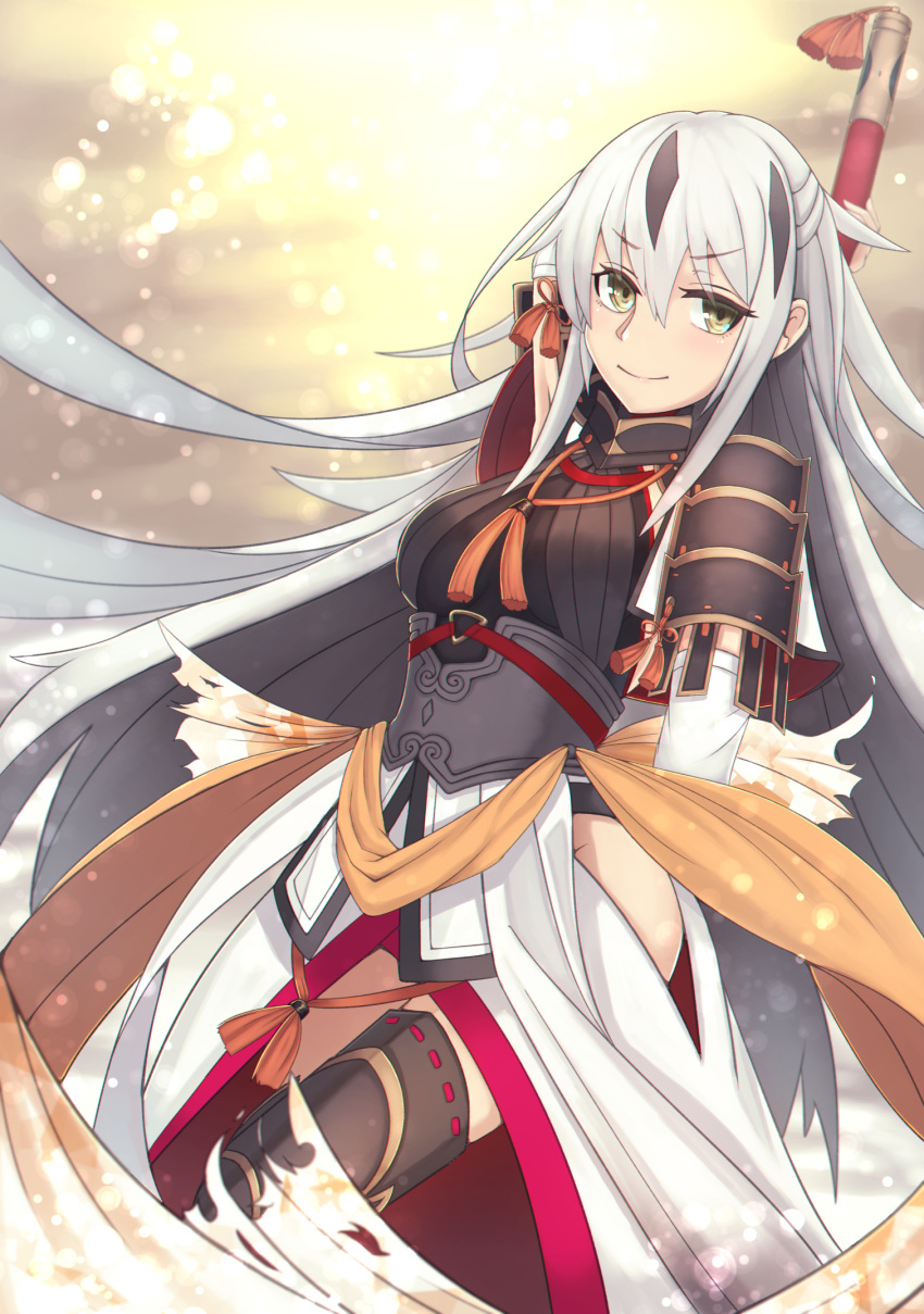 1girl arm_behind_head armor armored_dress bangs black_armor black_hair black_legwear blurry bokeh closed_mouth commentary_request depth_of_field dress dutch_angle eyebrows_visible_through_hair fate/grand_order fate_(series) highres holding holding_staff japanese_armor long_dress long_hair looking_at_viewer multicolored_hair nagao_kagetora_(fate) object_behind_back overskirt pauldrons ribbon-trimmed_legwear ribbon_trim side_slit smile solo staff standing streaked_hair tacch thighhighs two-tone_hair very_long_hair white_hair yellow_eyes