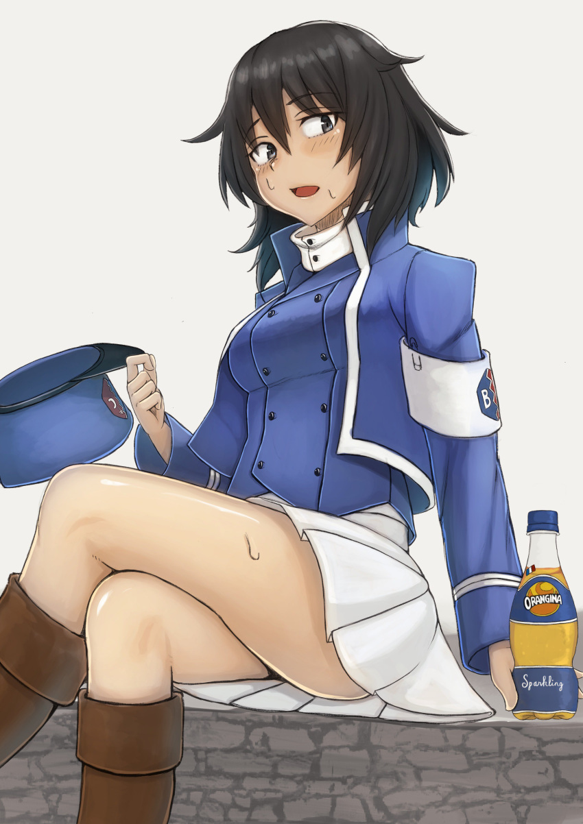 1girl absurdres andou_(girls_und_panzer) armband bangs bc_freedom_(emblem) bc_freedom_military_uniform black_footwear black_hair blue_headwear blue_jacket blue_vest boots bottle brown_eyes commentary_request crossed_legs dark_skin dress_shirt emblem eyebrows_visible_through_hair frown girls_und_panzer grey_background hat headwear_removed high_collar highres holding holding_bottle holding_hat jacket legs long_sleeves looking_at_viewer medium_hair messy_hair military military_hat military_uniform miniskirt open_mouth pleated_skirt shako_cap shirt sitting skirt soda_bottle solo sweat tacch uniform vest white_shirt white_skirt