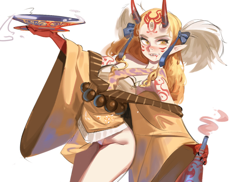 1girl arm_tattoo blonde_hair bloop blush bottle cup drunk facial_mark fang fang_out fate/grand_order fate_(series) fingernails flat_chest forehead forehead_mark horns ibaraki_douji_(fate/grand_order) japanese_clothes kimono nose nose_blush oni oni_horns open_clothes open_kimono panties pantyshot pantyshot_(standing) pixiv_fate/grand_order_contest_1 pointy_ears red_skin sakazuki sharp_fingernails solo spilling standing tattoo two-tone_skin underwear whisker_markings wide_sleeves yellow_eyes yellow_kimono