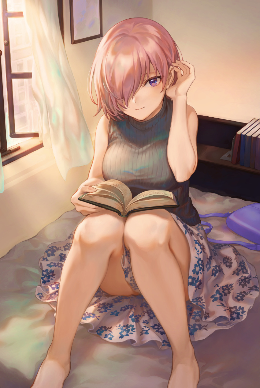 1girl absurdres bag bare_legs barefoot blush book bookshelf breasts casual closed_mouth curtains fate/grand_order fate_(series) floral_print grey_sweater hair_over_one_eye hair_tucking handbag highres holding holding_book indoors knees_together_feet_apart large_breasts looking_at_viewer mash_kyrielight mashuu_(neko_no_oyashiro) on_bed pink_hair purple_eyes ribbed_sweater short_hair signature sitting skirt smile solo sweater sweater_vest turtleneck turtleneck_sweater twitter_username white_skirt wind window