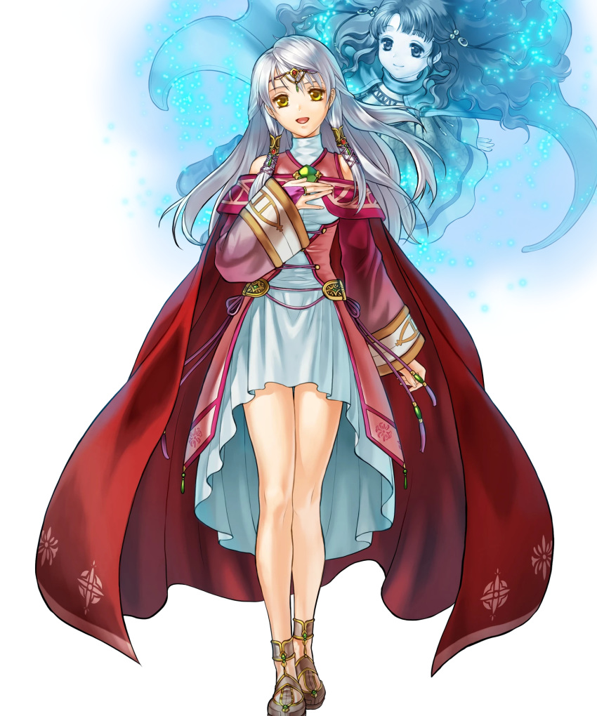 2girls bangs cape circlet curly_hair dress fire_emblem fire_emblem:_radiant_dawn fire_emblem_heroes full_body grey_background highres kita_senri long_hair looking_at_viewer micaiah multiple_girls non-web_source official_art open_mouth sandals shiny shiny_hair smile solo white_hair yellow_eyes yune