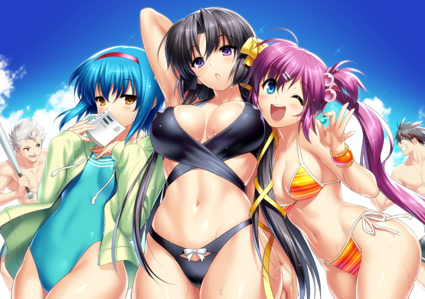 2boys 3girls aqua_swimsuit baseball_cap bikini black_bikini black_hair blue_eyes blue_hair breasts brown_eyes casual_one-piece_swimsuit commentary_request cowboy_shot drawstring flat_chest green_jacket hair_bobbles hair_ornament hair_ribbon hairband hat headband highres hood hooded_jacket hoodie inohara_masato jacket kurugaya_yuiko large_breasts little_busters! long_hair looking_at_viewer miyazawa_kengo multiple_boys multiple_girls muscle nishizono_mio one-piece_swimsuit open_mouth orange_bikini parted_lips purple_eyes purple_hair red_hairband ribbon round_teeth saigusa_haruka short_hair side-tie_bikini side_ponytail silver_hair smile spiked_hair striped striped_bikini swimsuit teeth upper_teeth yellow_ribbon zen