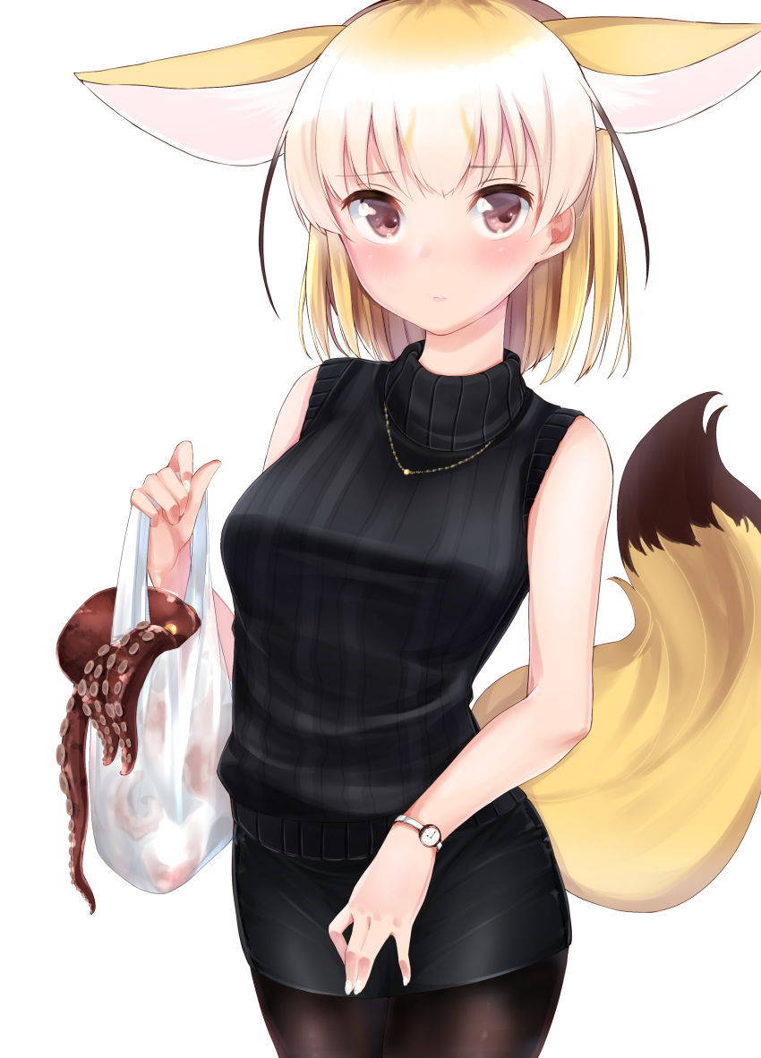 1girl absurdres animal_ears bag black_legwear blonde_hair blush extra_ears fennec_(kemono_friends) fox_ears fox_girl fox_tail grocery_bag highres jewelry kemono_friends kinou_no_shika necklace octopus pantyhose pencil_skirt pink_eyes shopping_bag short_hair skirt sleeveless sleeveless_turtleneck solo tail turtleneck watch white_background wristwatch