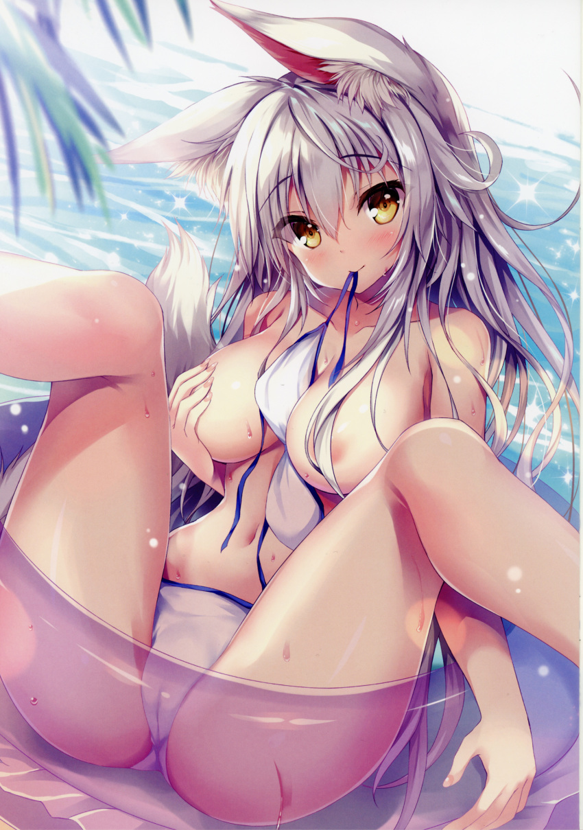 1girl animal_ear_fluff animal_ears areola_slip areolae ass bare_legs beach bikini bikini_top_removed blurry blush breasts cameltoe collarbone covering covering_breasts day depth_of_field fox_ears fox_girl fox_tail hair_between_eyes hair_censor highres innertube large_breasts leaf legs_up long_hair looking_at_viewer mouth_hold navel original outdoors scan silver_hair smile solo swimsuit tail tateha_(marvelous_grace) thighs very_long_hair water wet white_bikini yellow_eyes