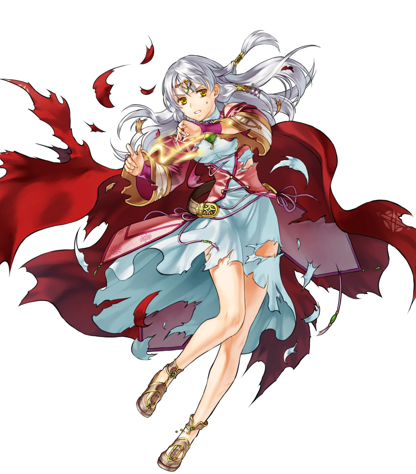 1girl bangs cape circlet clenched_teeth dress fire_emblem fire_emblem:_radiant_dawn fire_emblem_heroes full_body grey_background highres kita_senri long_hair micaiah non-web_source official_art sandals shiny shiny_hair solo teeth torn_clothes transparent_background white_hair yellow_eyes