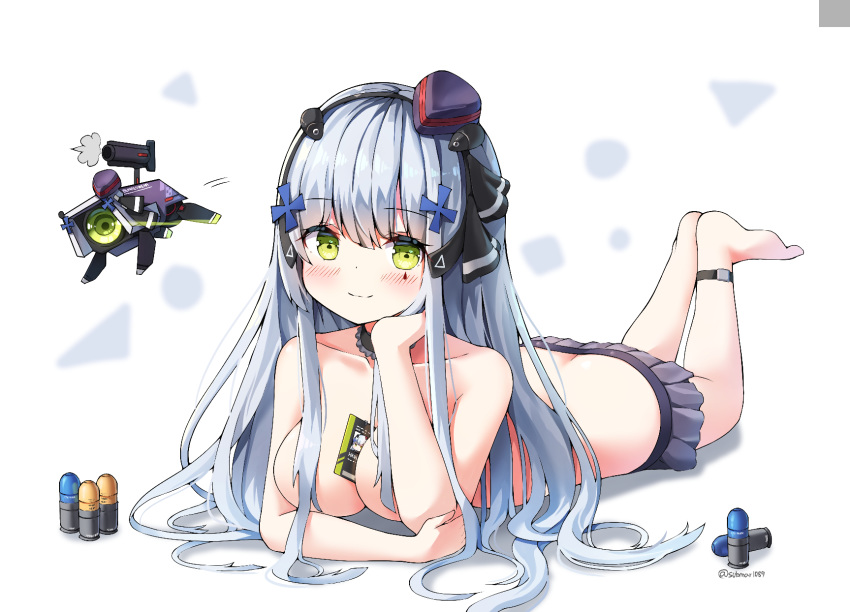 1girl arm_support bangs barefoot between_breasts black_hairband black_ribbon blush breasts closed_mouth collarbone commentary dinergate_(girls_frontline) eyebrows_visible_through_hair facial_mark girls_frontline green_eyes hair_between_eyes hair_censor hair_ornament hair_over_breasts hair_ribbon hairband hat highres hk416_(girls_frontline) legs_up long_hair looking_at_viewer lying medium_breasts mini_hat on_stomach pleated_skirt purple_headwear purple_skirt ribbon silver_hair skirt smile sobmarine tilted_headwear topless very_long_hair