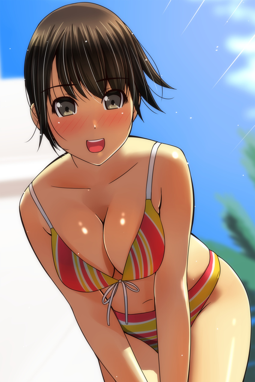 1girl :d absurdres bangs bare_shoulders bikini black_hair blue_sky blurry blurry_background blush breasts brown_eyes cleavage cloud day depth_of_field eyebrows_visible_through_hair front-tie_bikini front-tie_top hair_between_eyes highres leaning_forward looking_at_viewer matsunaga_kouyou medium_breasts navel nose_blush open_mouth original outdoors round_teeth sky smile solo striped striped_bikini_bottom swimsuit teeth upper_teeth vertical-striped_bikini_top vertical_stripes