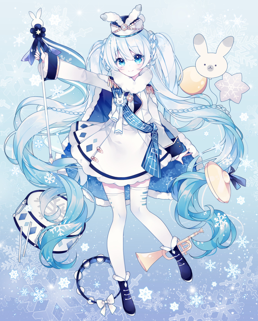 1girl balloon blue_background blue_eyes blue_flower blue_footwear blue_hair blush boots braid closed_mouth commentary_request cymbals drum drumsticks epaulettes flower full_body fur_collar g_ieep hat hatsune_miku highres holding instrument instrument_request jacket long_hair outstretched_arm skirt smile snowflakes solo star thighhighs trumpet twintails very_long_hair vocaloid white_headwear white_jacket white_legwear white_skirt yuki_miku yuki_miku_(2020) yukine_(vocaloid)