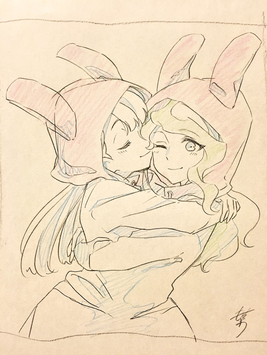 alternate_costume animal_ears blue_eyes blush bunny_ears closed_eyes diana_cavendish hand_on_another's_shoulder happy headwear highres hug kagari_atsuko kiss little_witch_academia long_hair long_sleeves looking_at_viewer mochiro_lwa monochrome multicolored_hair one_eye_closed pajamas simple_background sketch smile two-tone_hair wavy_hair