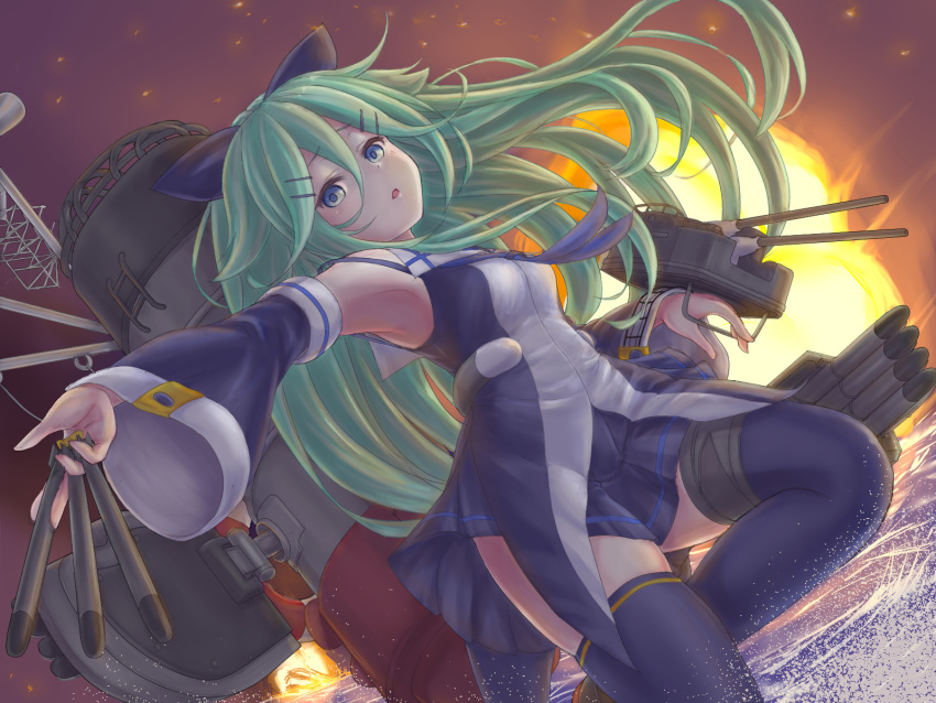 1girl armpits bangs bare_shoulders black_bow black_legwear black_serafuku blue_eyes bow commentary_request detached_sleeves em_s explosion eyebrows_visible_through_hair floating_hair green_hair hair_between_eyes hair_bow hair_ornament hairclip highres holding holding_torpedo kantai_collection long_hair looking_at_viewer ocean open_mouth outstretched_arm parted_bangs plaid plaid_skirt pose rigging school_uniform serafuku skirt solo thighhighs torpedo torpedo_tubes wide_sleeves yamakaze_(kantai_collection) zettai_ryouiki