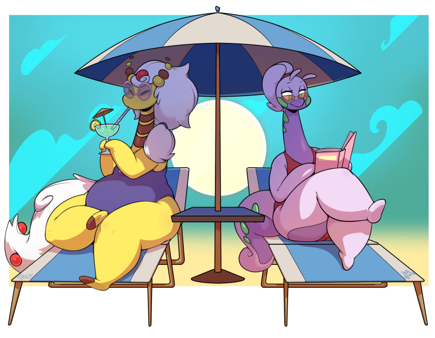 alpha_channel amelia_(xingscourge) antennae_(anatomy) anthro barefoot beverage book clothing collaboration drinking duo eyes_closed eyewear female goodra hi_res kiwi_(potoobrigham) mega_ampharos mega_evolution nintendo one-piece_swimsuit pok&eacute;mon pok&eacute;mon_(species) potoobrigham reading straw sunglasses swimwear umbrella video_games xingscourge