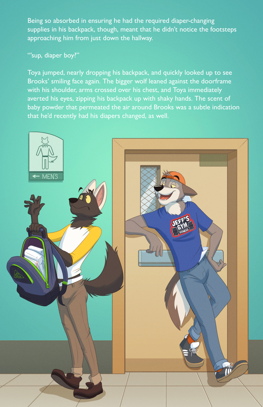 2018 5_fingers absurd_res anthro backpack backwards_baseball_cap baseball_cap blue_background bottomwear brooks brooks_(colt3n) canid canine canis caught clothed clothing colt3n diaper digital_media_(artwork) door duo english_text fingers footwear front_view fully_clothed hat headgear headwear hi_res inside jeans male mammal pants public school shoes simple_background standing story text toya_pup wolf